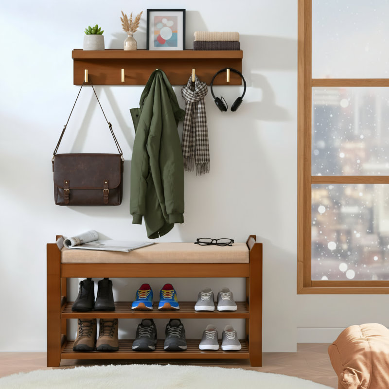 27.7-Inch Porch Bench With Coat Rack, Entryway Storage, And Shoe Bench; Suitable For Various Scenarios Including Entrance Hallways, Bedrooms, And Living Rooms.