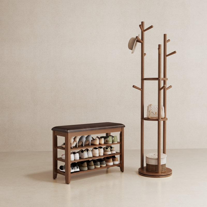 Banc à chaussures en bois massif à 3 niveaux avec rangement, Brun, H 20,4 po x l 31,4 po x P 11,8 po