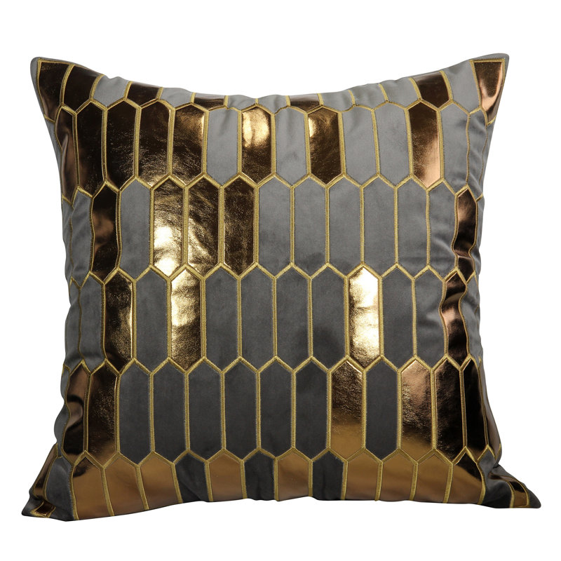 Tullis Embroidered Faux Leather/Velvet Throw Pillow Cover, Gray