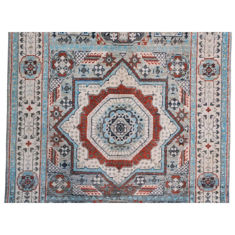 Hand Knotted Wool Area Rug in Sea Green And Beige
