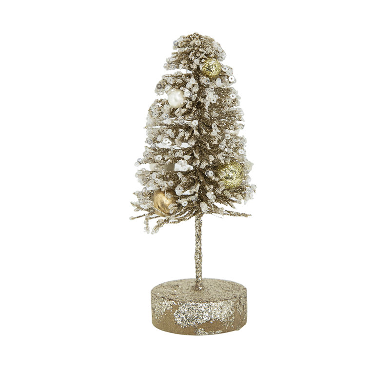 Champagne Glittered Tree On Wood Base - Set of 12 - 2.4" x 2.4" x 6"H - Gold