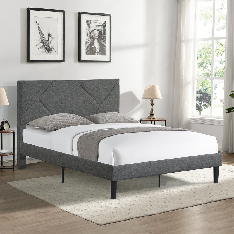 Queen Size Upholstered Platform Bed Frame with Headboard, Strong Wood Slat Support, Full