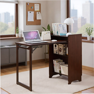 Bamboo Folding Desk, Foldable Desk For Small Space, Computer Desk With Hidden Storage And Built-In Socket, Mid Century Foldable Table For Home Office And Bedroom (Walnut Brown)