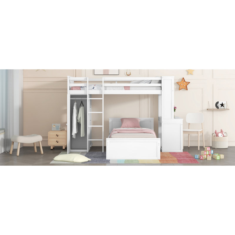Lit mezzanine avec tablettes, bureau et garde-robe Sdalone, Lit simple, Blanc