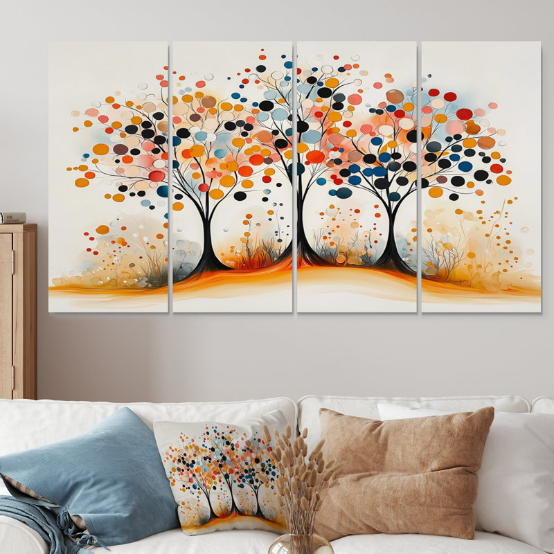 Automne orange et bleu, arbre, saisons, reflets I - ensemble de salon abstrait Mid-Century Wall Art, H 28 po x l 48 po
