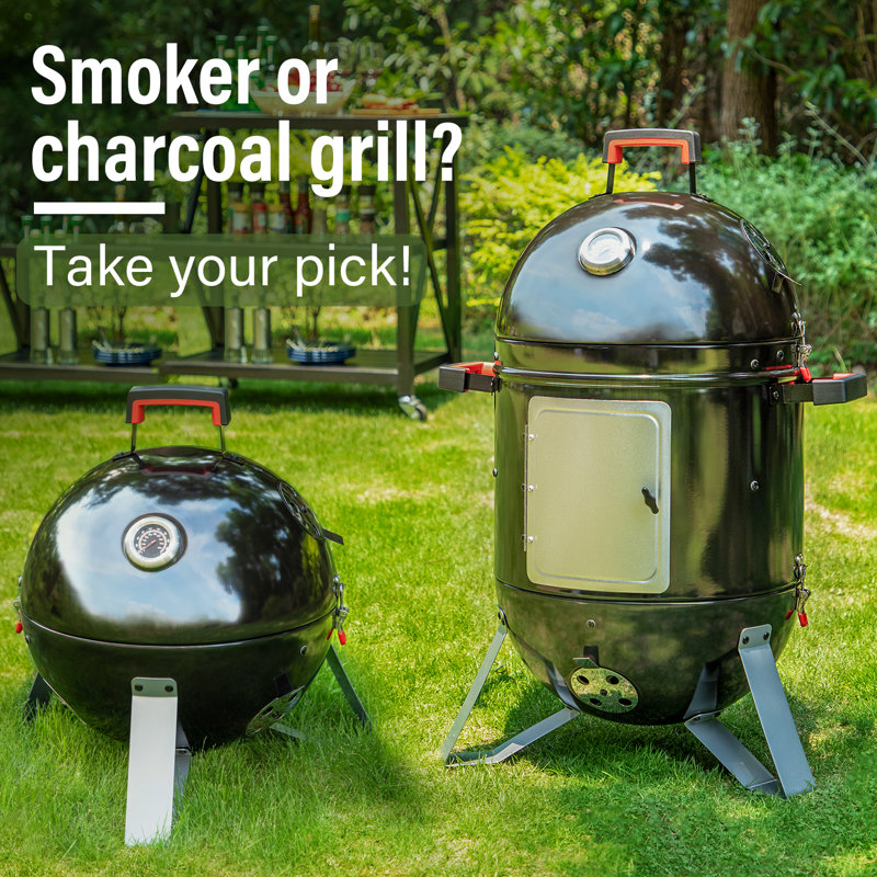18" Black Charcoal Vertical Smoker Grill with Porcelain Enamel Bowls