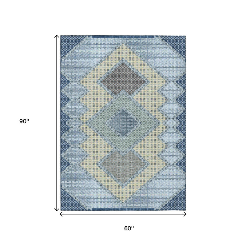 Tapis extérieur lavable à motif géométrique bleu, gris et brun 5 pi x 8 pi