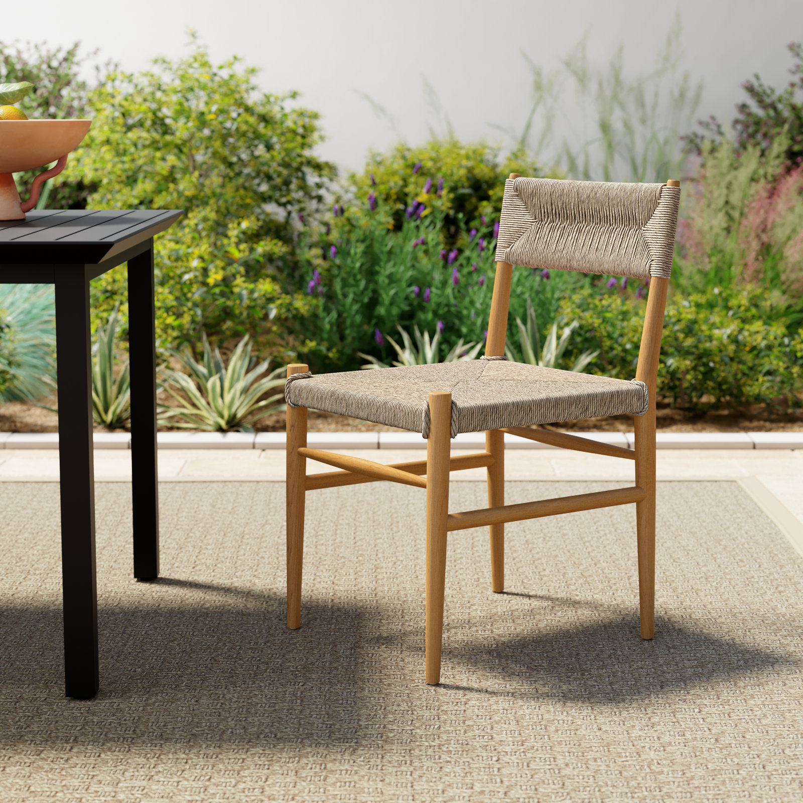 Dorita Wicker Premium All-Weather Wicker Outdoor Dining Side Chair, Vintage White/Natural Teak