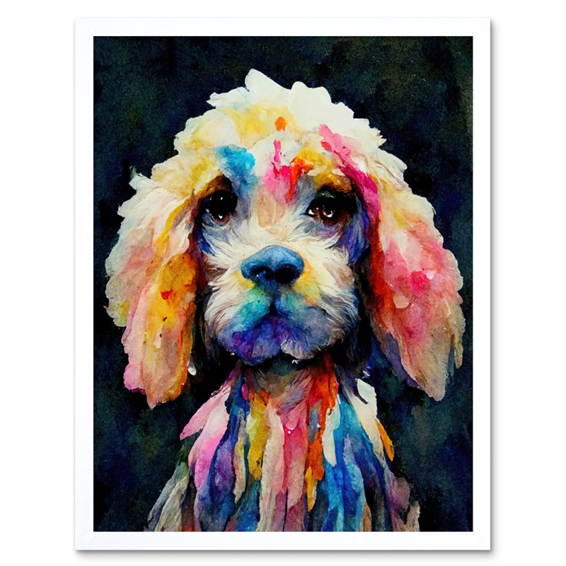 Abstract Colourful Dog Spaniel Cavapoo Cockapoo - Print, White Framed Paper, 25.9cm H x 20.6cm W