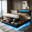 Floating Hydraulic PU Ottoman Bed With LED & Charging Station (USB/Type-C), 140X200cm Double / 160X200cm King, Black Faux Leather Smart Storage-974589852