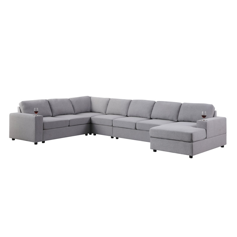 Redwater 146.5" Wide Right Hand Facing Modular Sofa & Chaise, Light Gray Linen Blend