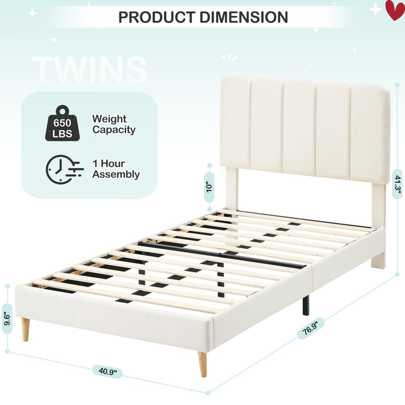Twin Velvet Bed Frame with Headboard for Girls - Low-Profile Kids Platform Bed, Wave Headboard, Wooden Slats, White