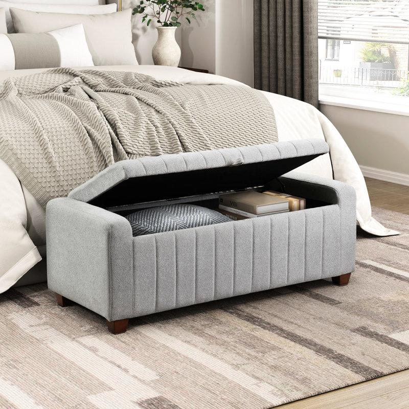 Storage Bench With Gray Boucle Fabric And Plywood Support Contemporary Covering Space, Gray