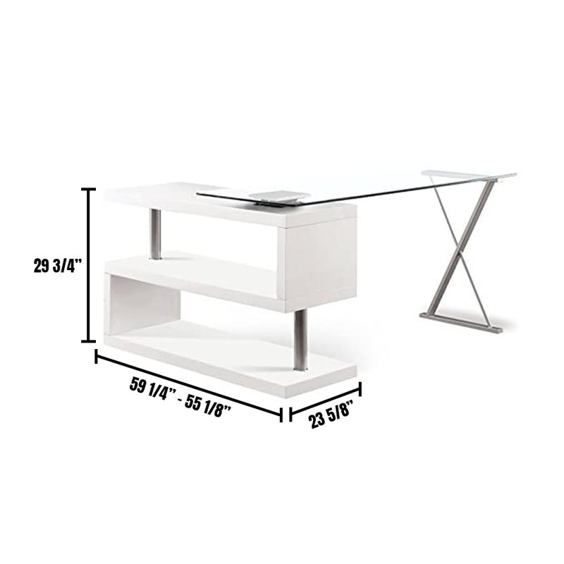 L-Shaped Glass Top Writing Desk, White