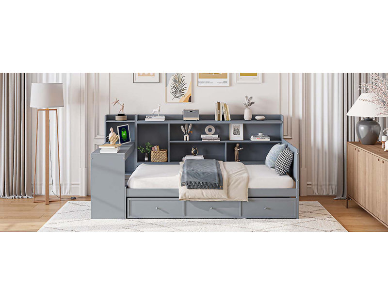Lit de jour en bois avec 3 tiroirs, ports USB et bureau, Lit simple, Gris