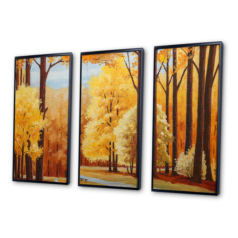 «Orange Autumn Trees At Dawn», peinture sur toile 3 pièces, H 28 po x l 36 po, Noir