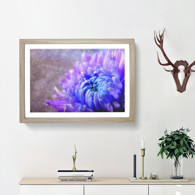 Lilac & Blue Chrysanthemum - Picture Frame Graphic Art Print, Oak Framed, 45cm H x 63cm W x 2cm D