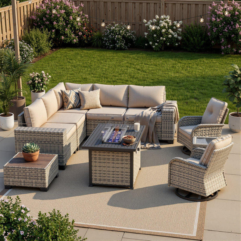 10-Piece Outdoor Patio Sectional Conversation Set With Fire Pit Table And Swivel Rocker Chairs, Taupe