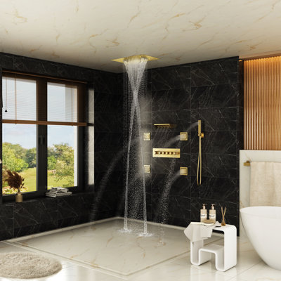 23" L x 16" W 5-Function Flush Mount Thermostatic Shower System With Neck Massage Spout and 4 Body Jets