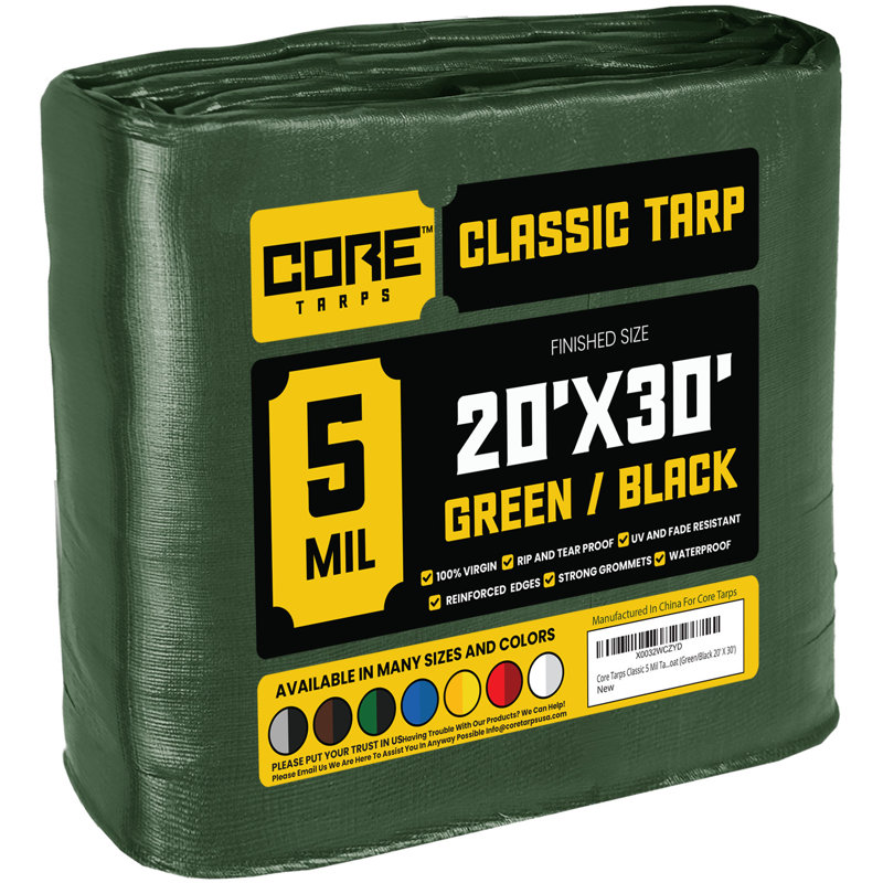 Bâche en polyéthylène robuste de 20 pi x 30 pi 5 mil, imperméable et résistante aux rayons UV, Vert / noir