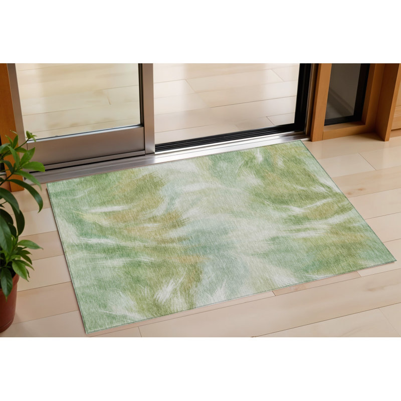 3' X 5' Green And Ivory Abstract Washable Indoor Outdoor Area Rug