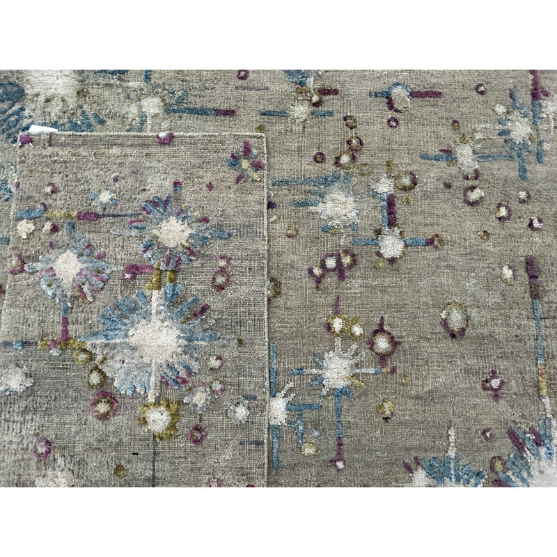 Odyssey Post Modern Organic Abstract Beige Oat Blue Purple White Hand-Knotted Wool/Silk Designer Area Rug / Rug Size: Rectangle