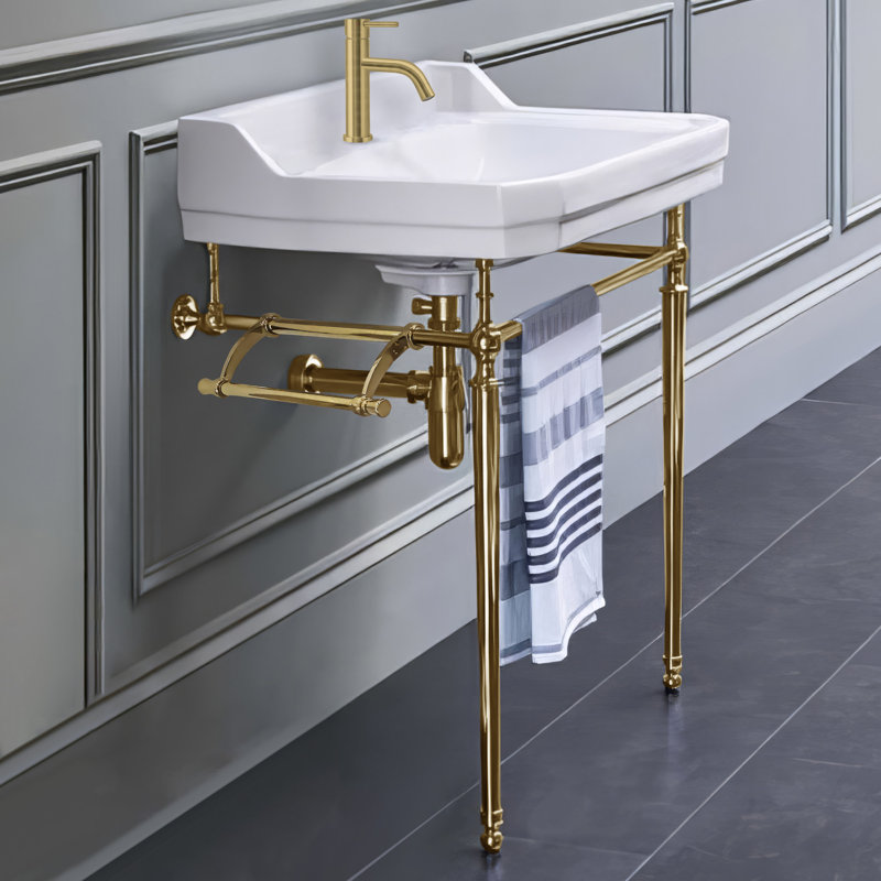 Whitehaus 24" Console with Integrated Rectangular Bowl, Brass Leg Support and Side Towel Bar, Single, White/Polished Brass