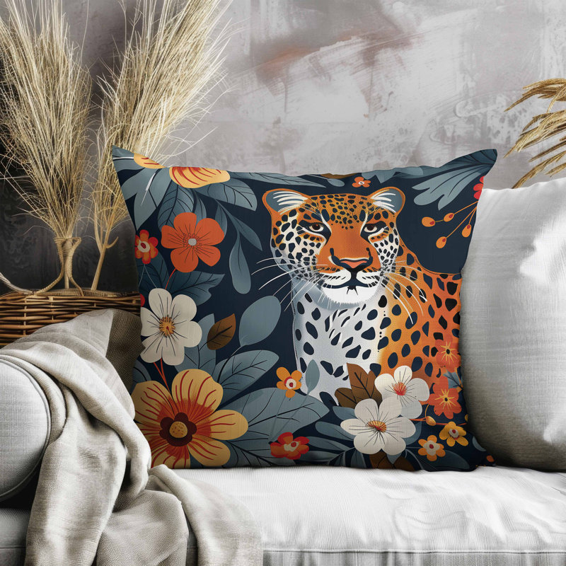 Coussin en faux suède Jungle Cat, Bleu / orange / marine, Carré 16 po