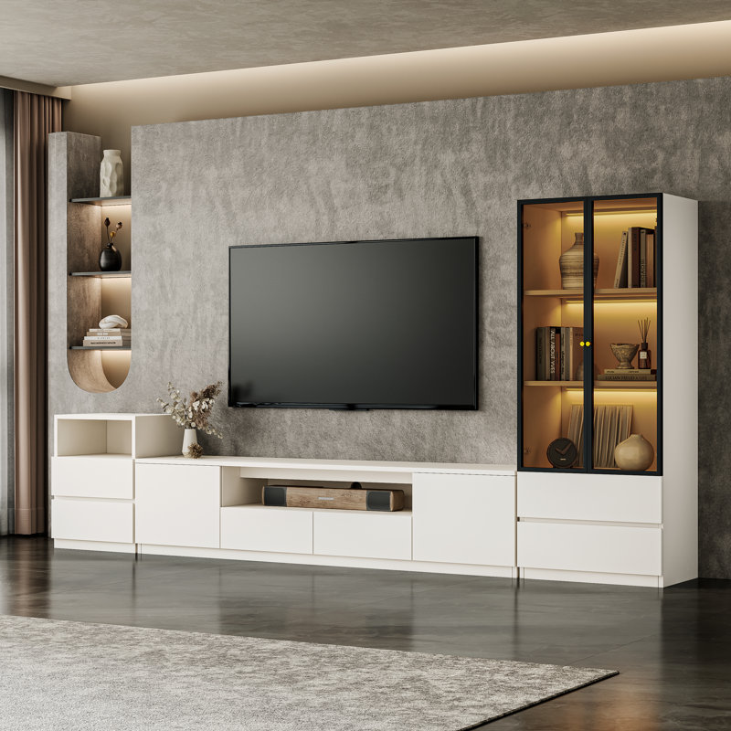 Crafton Modern 122'' White Entertainment Center With Bookshelves For 55/58/65/70/75 Inch TV, Wood Storage Media Console Includes TV Console Table, Lights Glass Display Bookshelf And Drawer Cabinet For Living Room