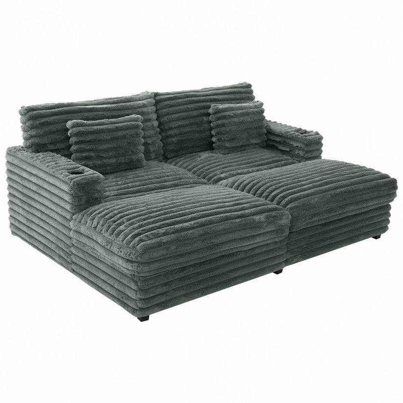 Très grand canapé-lit double de 83,5 po avec deux coussins, ports USB et porte-gobelets pour le salon, Vert sauge