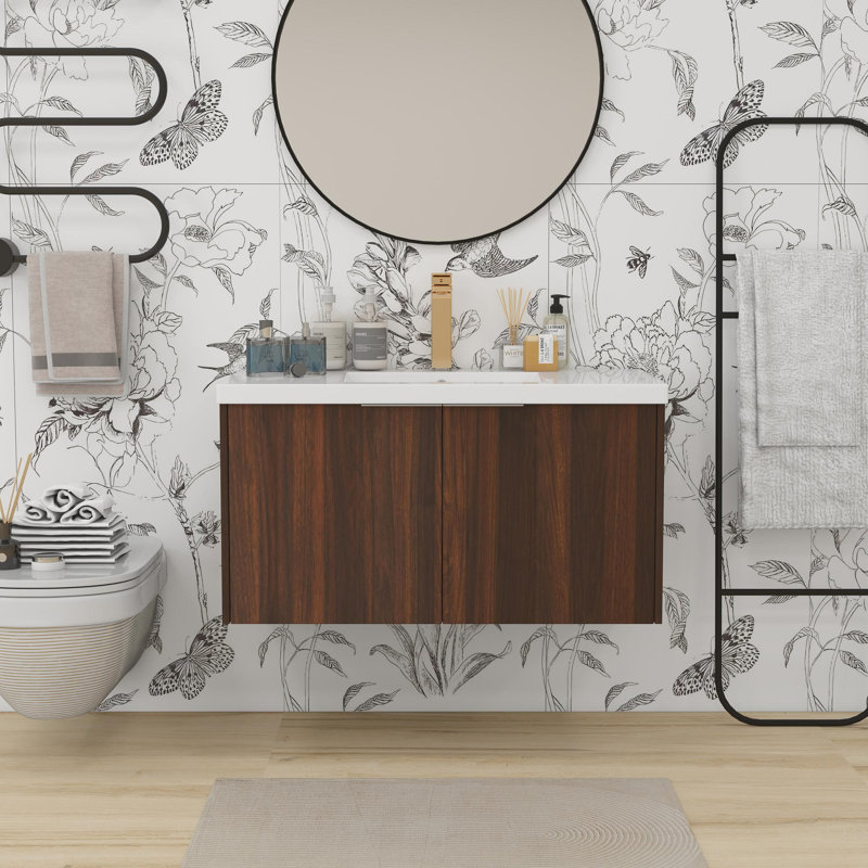 Meuble-lavabo de salle de bain avec lavabo en résine, Noyer de Californie, 35"