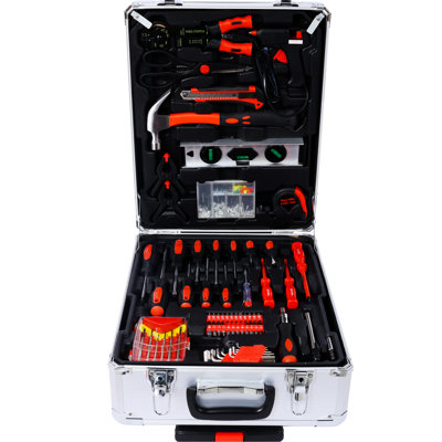 899 Trousse d'outils de réparation à domicile avec boîte à roulettes pour hommes - Boîtier en aluminium argenté