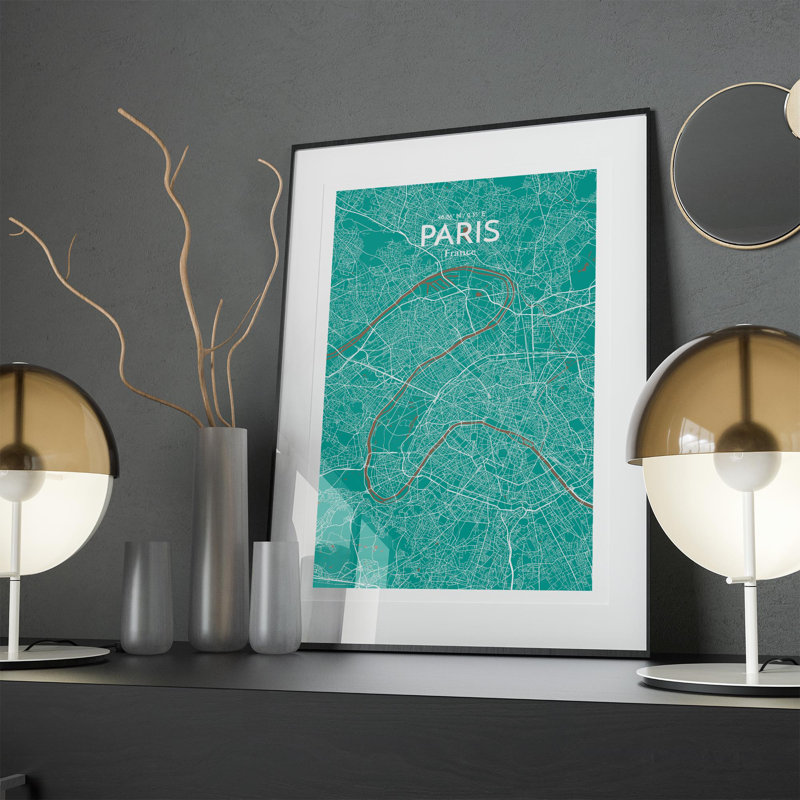 Carte de Paris, impression nautique, H 17 po x l 11 po x P 0,05 po, Vert / Brun