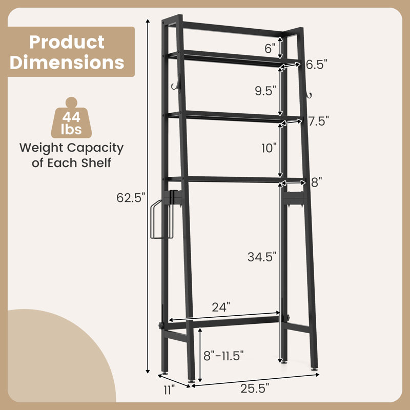 Ebern Designs Over the Toilet Storage 3-Tier Freestanding Bathroom Organizer Shelf w/ 2 Hanging Hook, Black