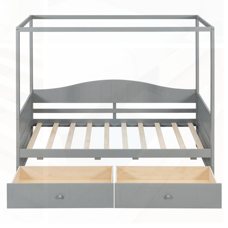 Lit de jour à baldaquin en bois simple avec 2 tiroirs; Ensemble de lattes, conception intemporelle et rangement compact pour les chambres à coucher modernes