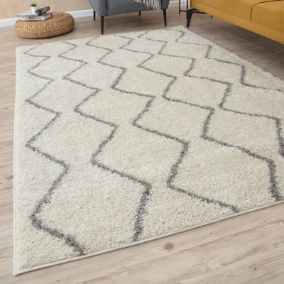 Moroccan Shaggy Collection Rugs Boho Design in Ivory/Grey