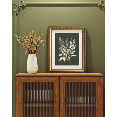 Gold Framed Canvas Wall Art, Botanical Floral Illustration Art Prints, Modern Minimalist Plant Decor for Living Dining Room Hallway Office, Dark Green Vintage Cottage Decor, 13x16 Inch