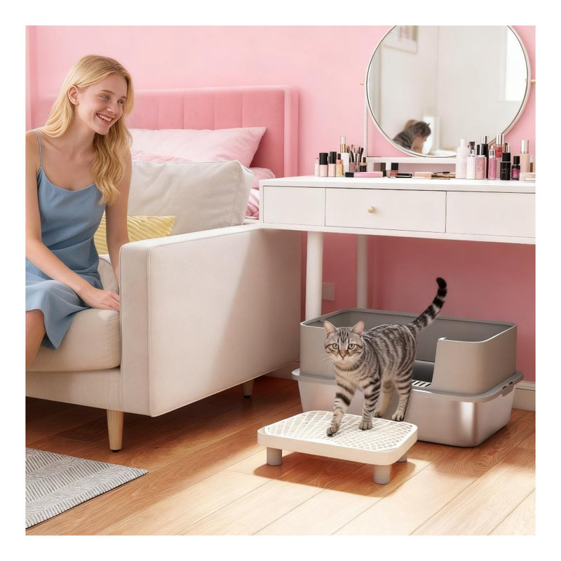 Bac à litière pour chat en acier inoxydable avec base en métal résistant aux égratignures, gris