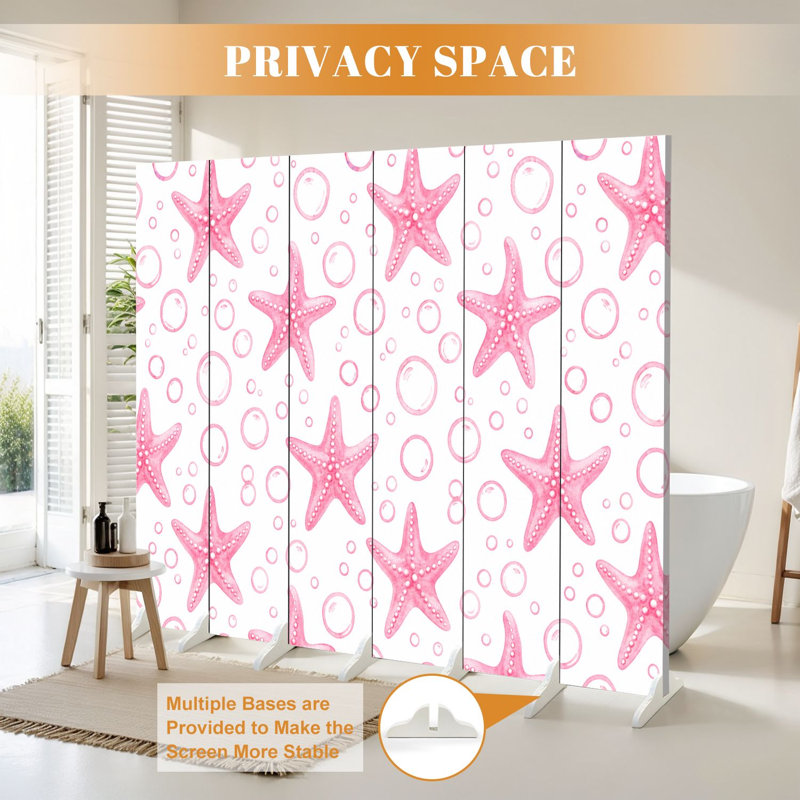 Cloison pliante 6 panneaux paravent en toile d'étoile de mer rose et cloison séparatrice de protection autoportante, 6