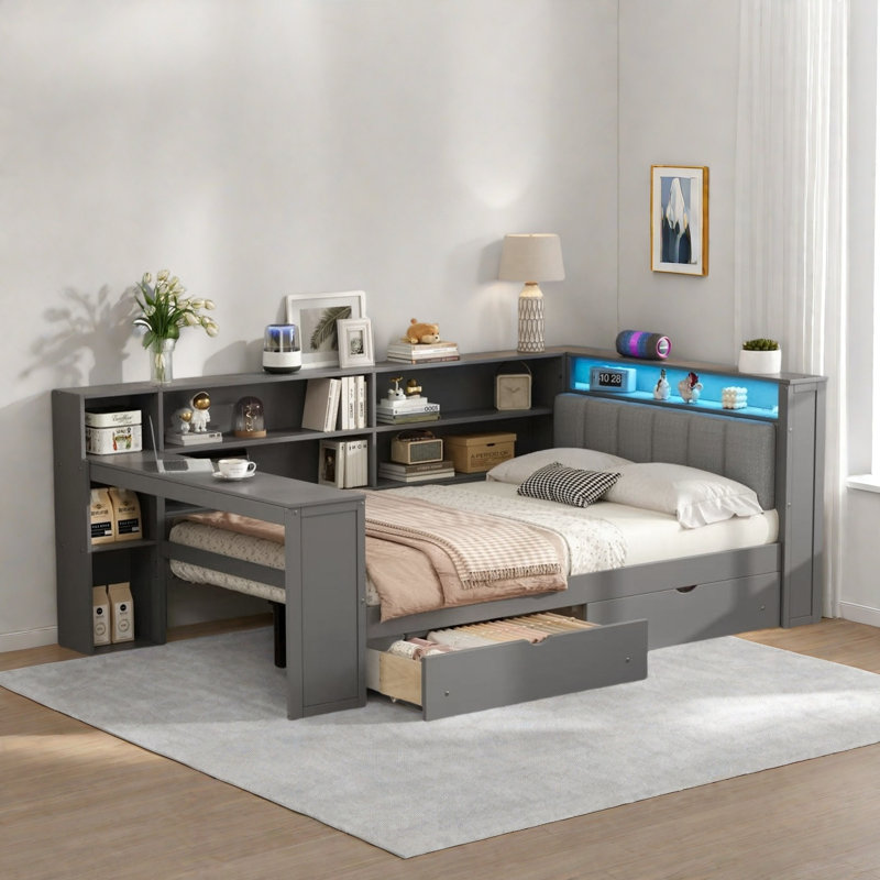 Wood Daybed With Storage Shelves, 2 Drawers, Charging Station, Led, Desk And Upholstered Headboard, Full, Gray