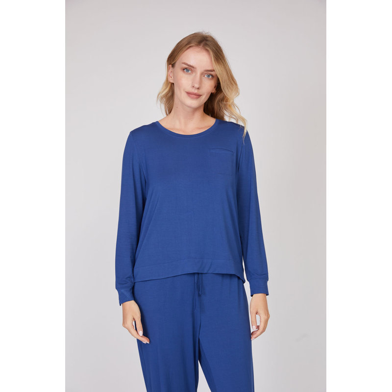 Haut à manches longues Pure Fibre plissé en mélange de rayonne de bambou, M, Bleu marine