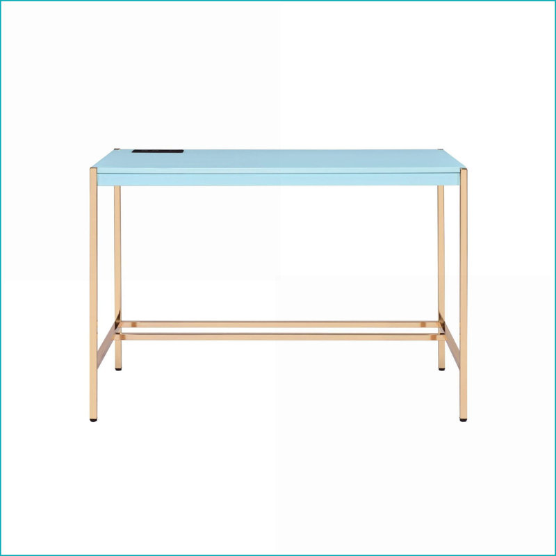 Desks Modern Baby Blue &amp; Gold Writing Desk with USB Ports &amp; Built-In Outlets | Blue+Gold | Wood+Metal, Blue