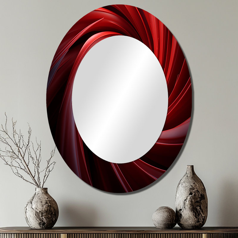 «Red Abstract Spiral Dreamscape II» - Miroir décoratif ovale abstrait sur métal, 40 po x 30 po