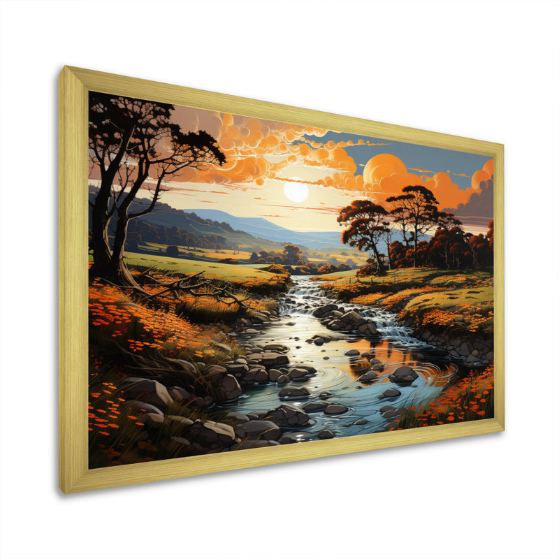 «Countryside River Bend Patchwork I», reproduction d'art sur toile, Cadre doré à une seule photo, H 12 po x l 20 po x P 1 po