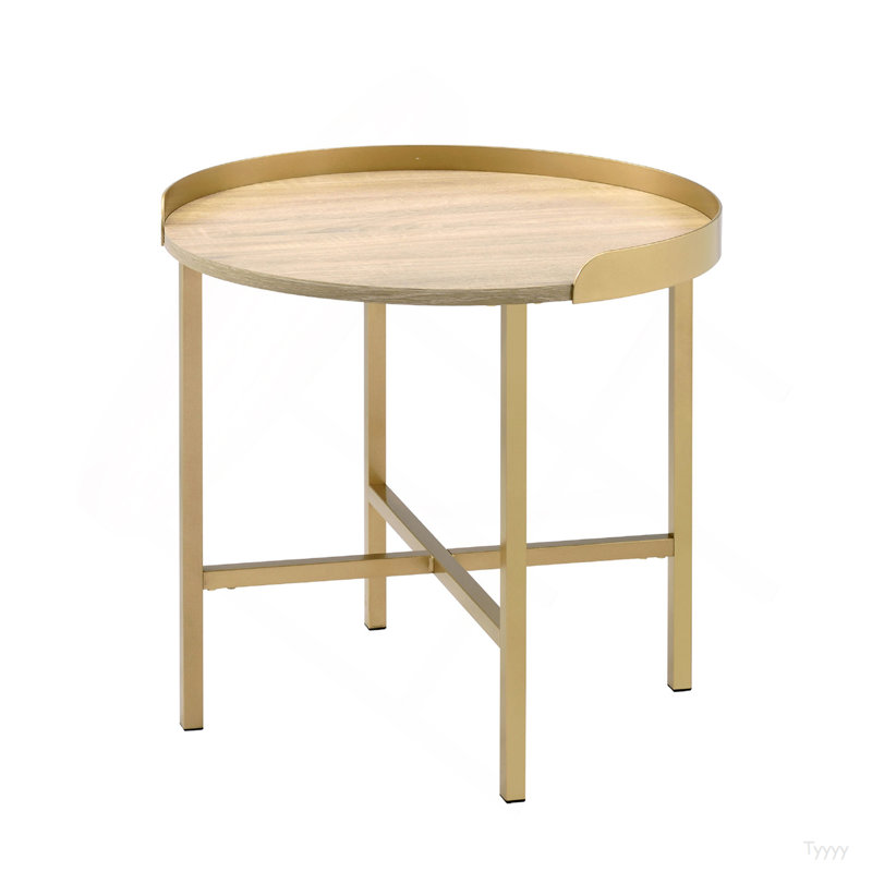 Table de bout ronde avec plateau, chêne et or