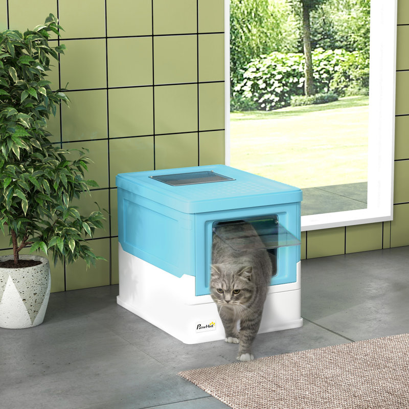 Bac à litière fermé pour chat avec pelle, plateau, entrée par le haut, pliable, bleu