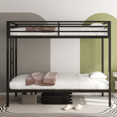 Twin Over Twin Metal Bunk Bed with Strong Frame, Secure Ladder and Guardrails for Kids and Adults