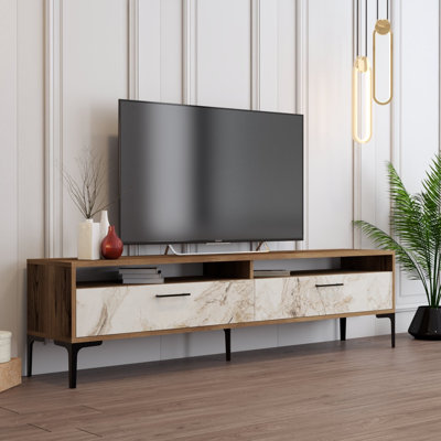 Meuble télé moderne avec marbre blanc, 70,9 x 13,8 x 13,4 pouces | 100% panneau de particules enduit de mélamine, épaisseur: 0,7 pouce | Conception élégante en noyer et en marbre, parfaite pour les salons et les espaces de divertissement
