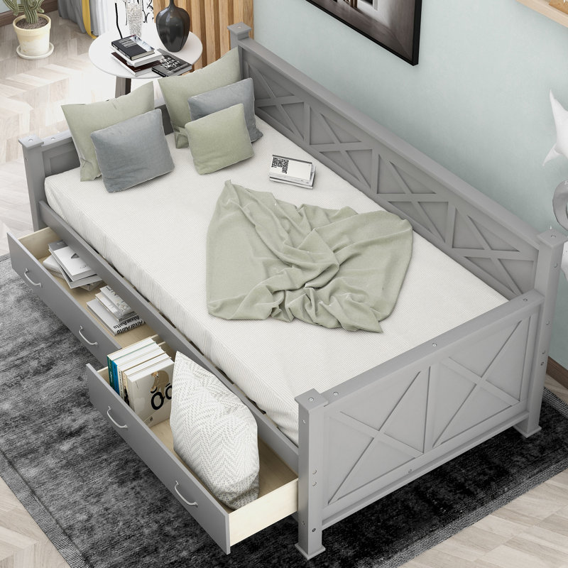Lit de jour simple avec 2 grands tiroirs, structure en X, lit de jour de style décontracté moderne et rustique, gris, Gris