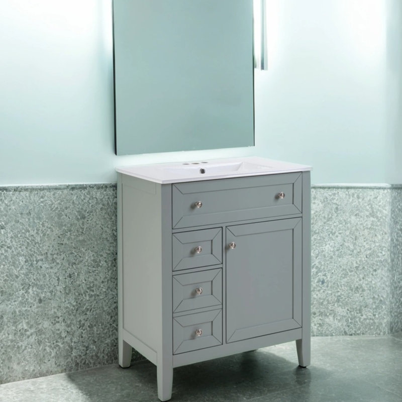 Convertible Solid Wood Vanity Set - Ceramic Sink With Adjustable Shelf, 12" Soft-close Slides & Flip Bin, Grey Elegant Style